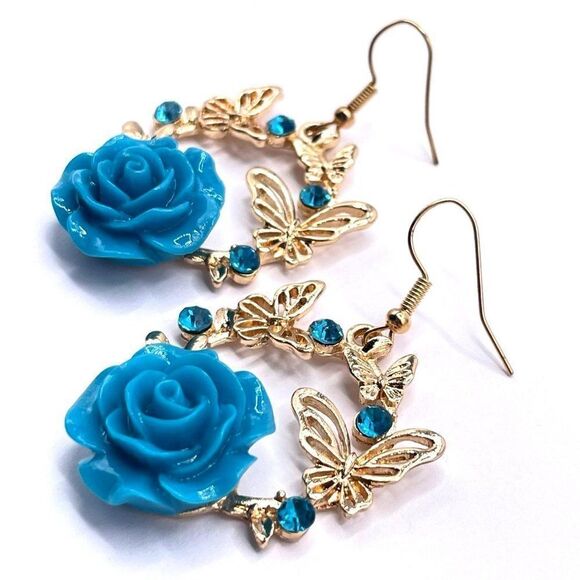 Yellow Gold with Blue Roses and Crystal Dangling Butterfly Hook Earrings - Picture 4 of 8